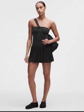 lululemon athletica One-Shoulder Black Pleated Mini Dress with Shoulder Strap